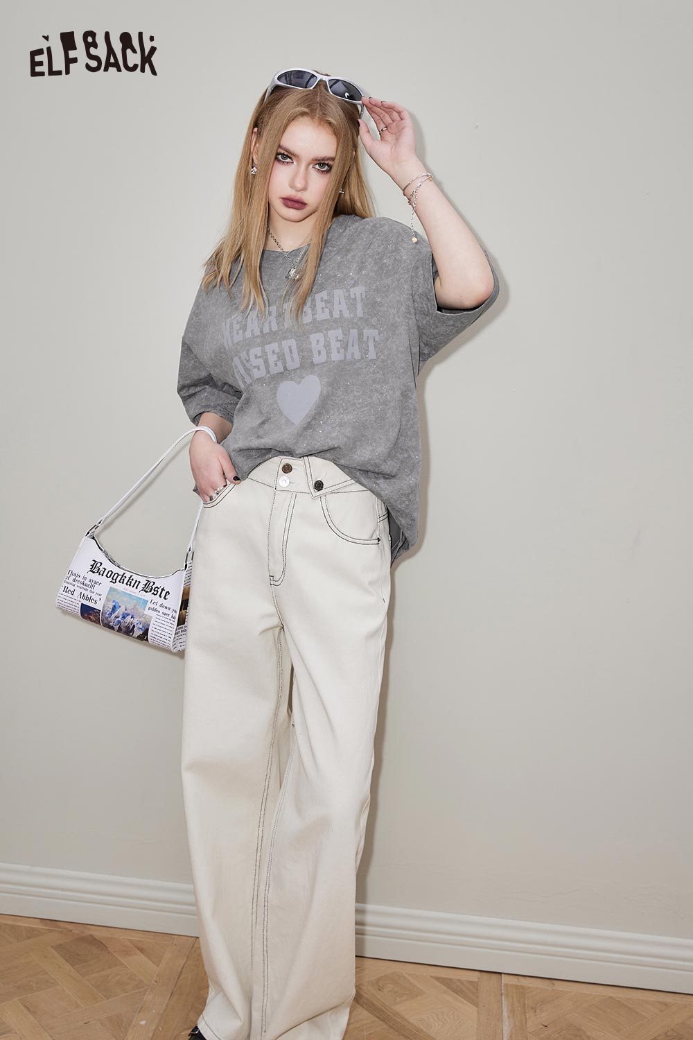 ELFSACK Vintage Casual Loose Glitter Short Sleeve Top