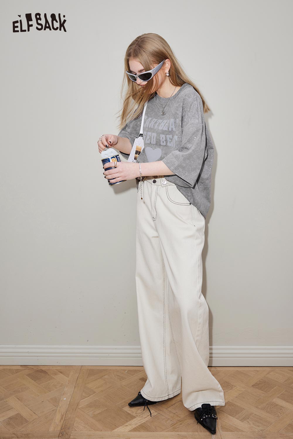 ELFSACK Vintage Casual Loose Glitter Short Sleeve Top