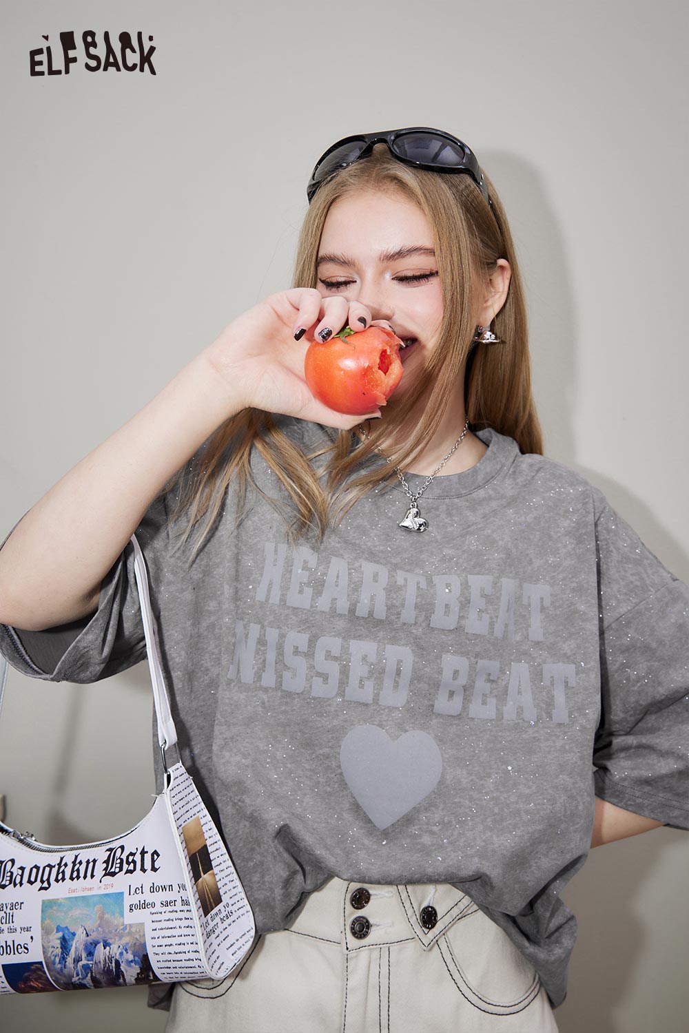 ELFSACK Vintage Casual Loose Glitter Short Sleeve Top