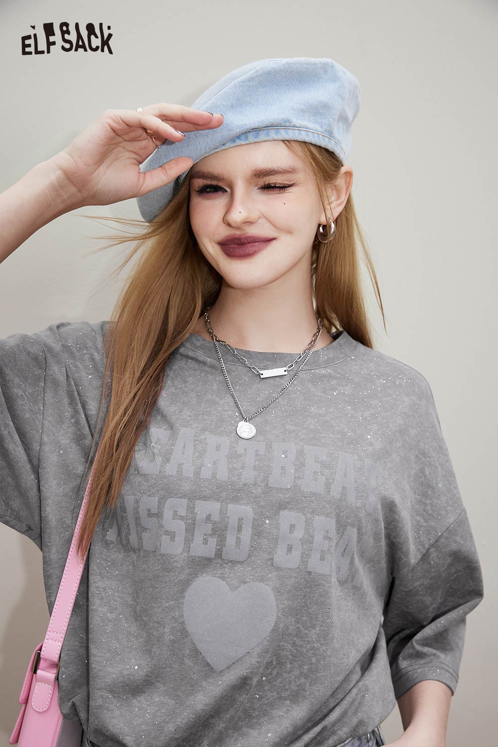 ELFSACK Vintage Casual Loose Glitter Short Sleeve Top