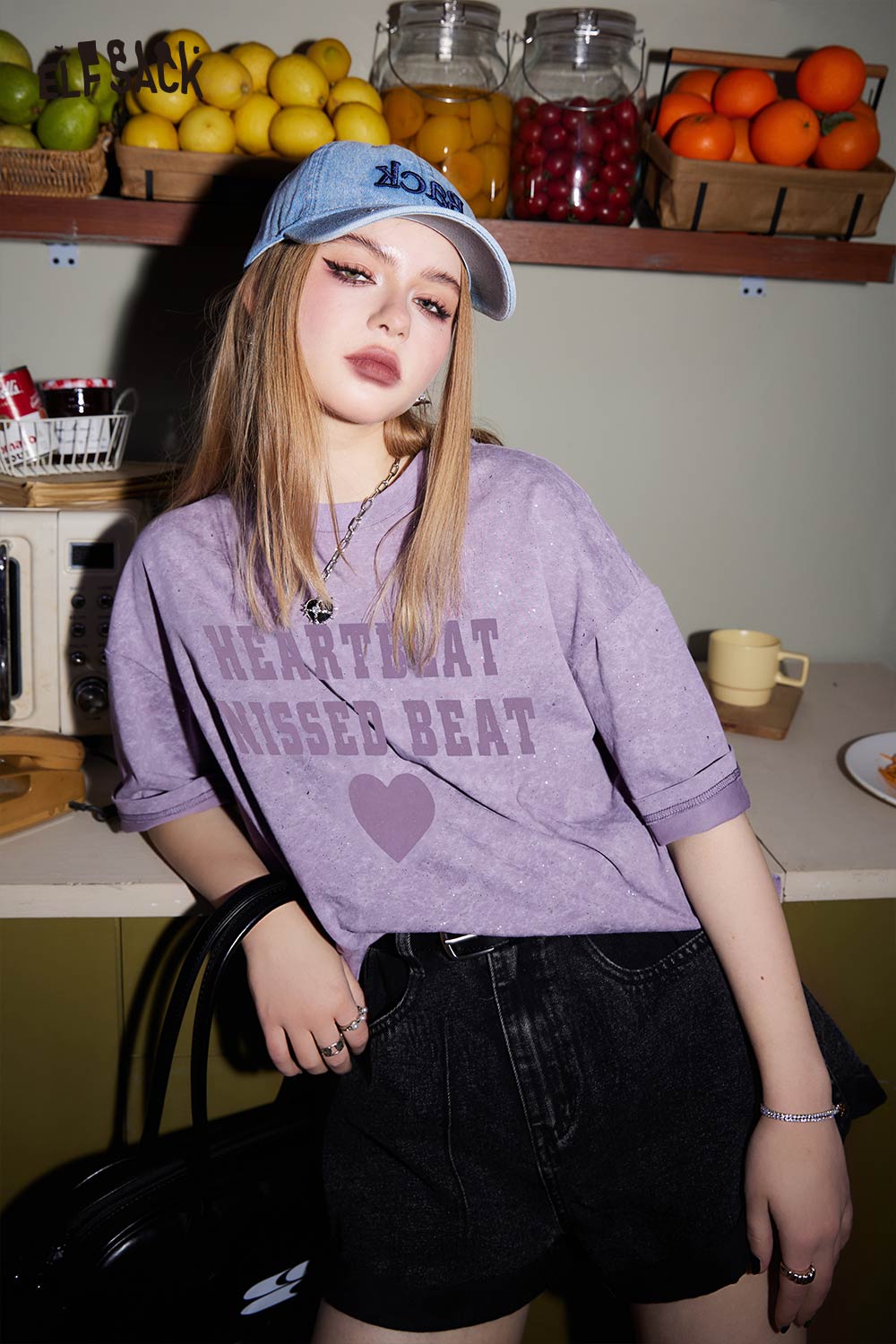 ELFSACK Vintage Casual Loose Glitter Short Sleeve Top