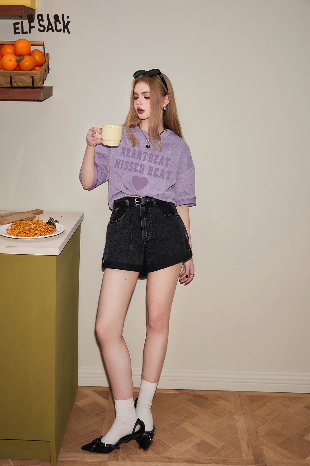 ELFSACK Vintage Casual Loose Glitter Short Sleeve Top