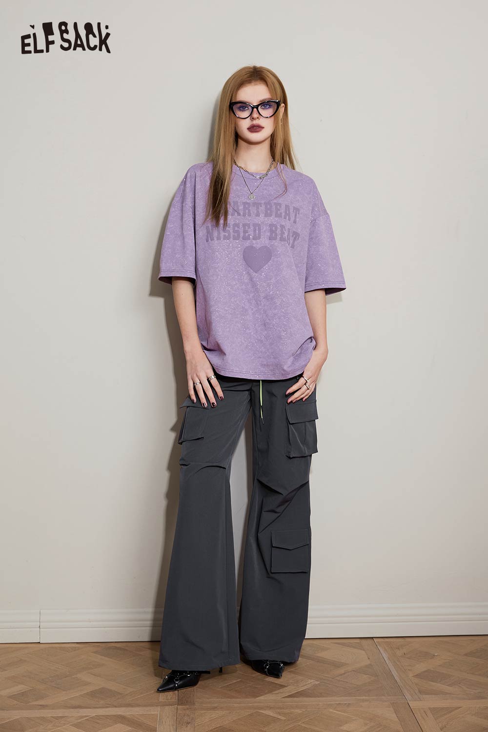 ELFSACK Vintage Casual Loose Glitter Short Sleeve Top