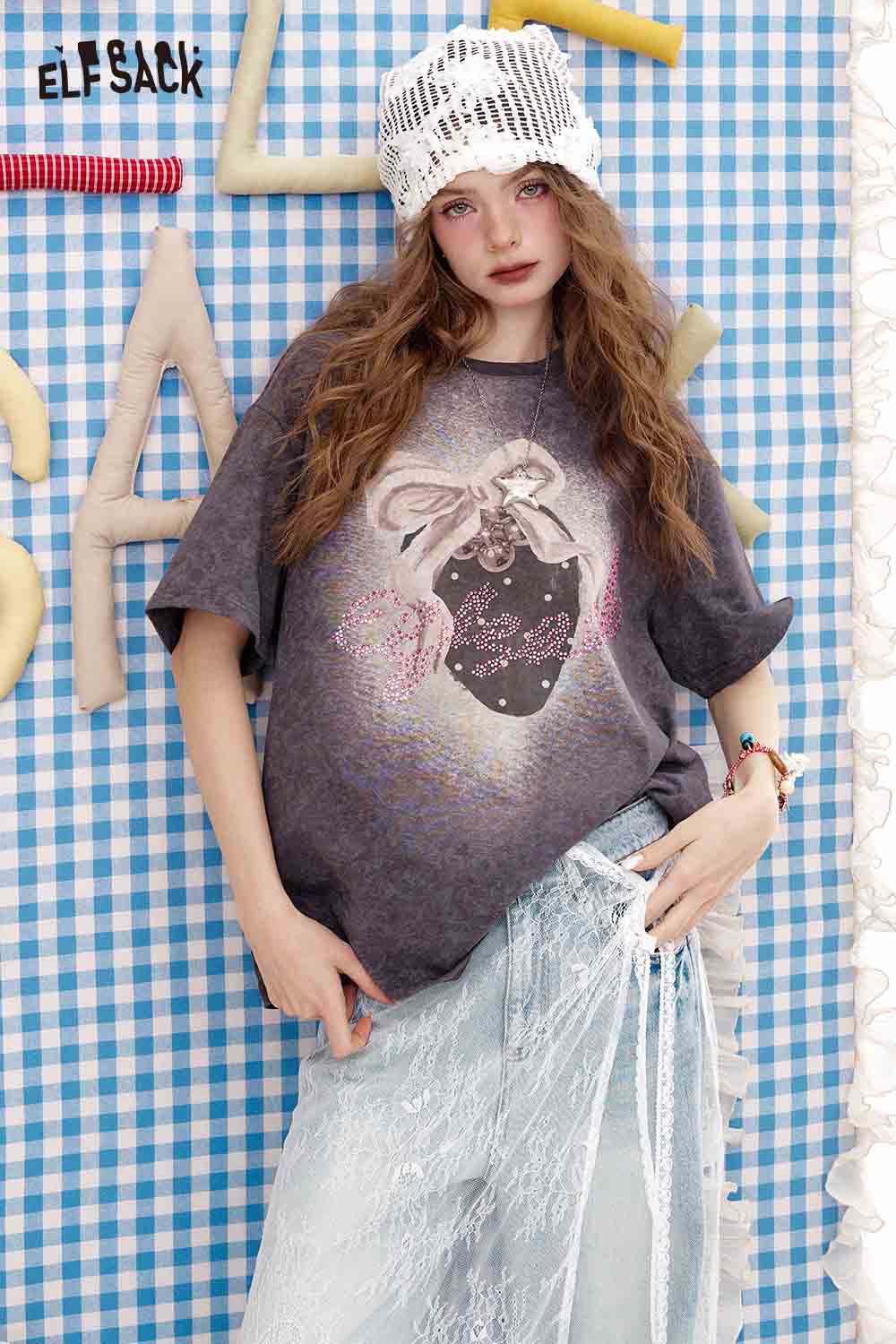 ELFSACK Vintage Casual Strawberry Print Crewneck Short Sleeve T-Shirt