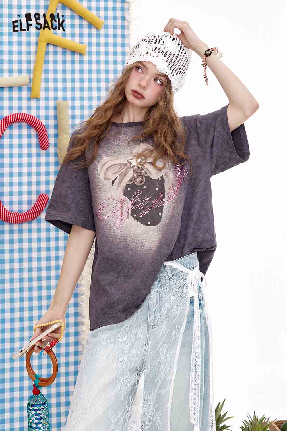 ELFSACK Vintage Casual Strawberry Print Crewneck Short Sleeve T-Shirt