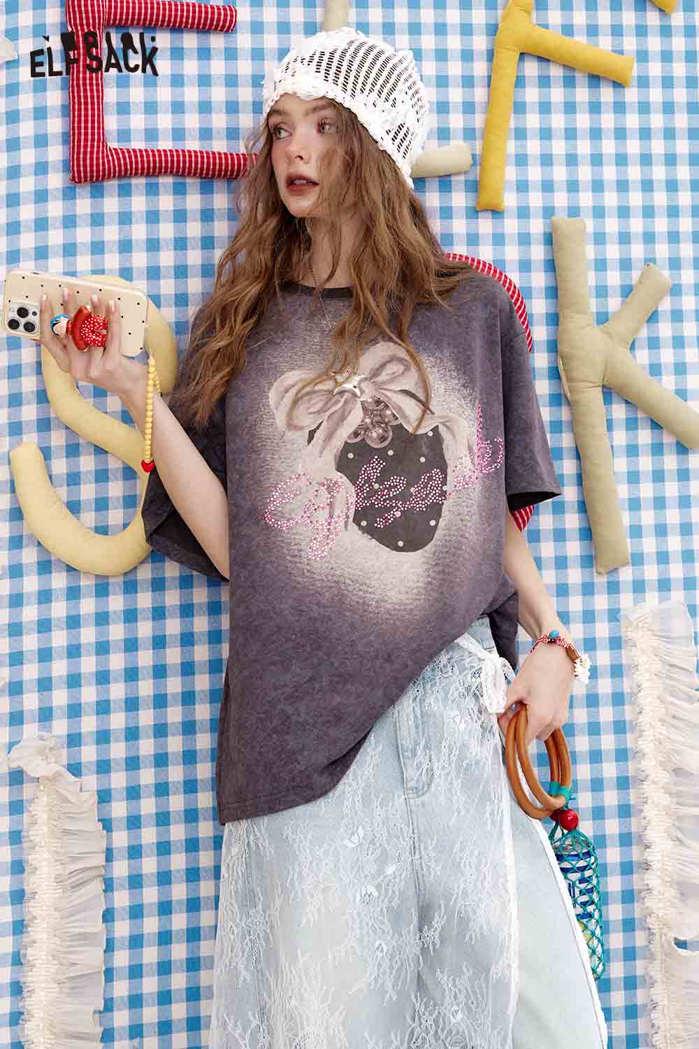 ELFSACK Vintage Casual Strawberry Print Crewneck Short Sleeve T-Shirt
