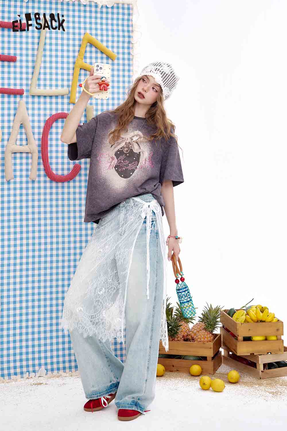 ELFSACK Vintage Casual Strawberry Print Crewneck Short Sleeve T-Shirt