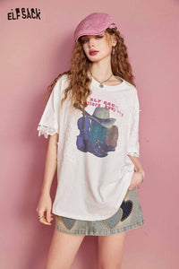 ELFSACK ヴィンテージ カウボーイ プリントレースディテールスリーブTシャツ