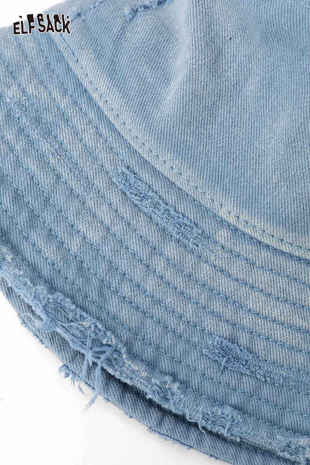 ELFSACK Vintage Denim Raw-Edge Sun Visor Fisherman Hat