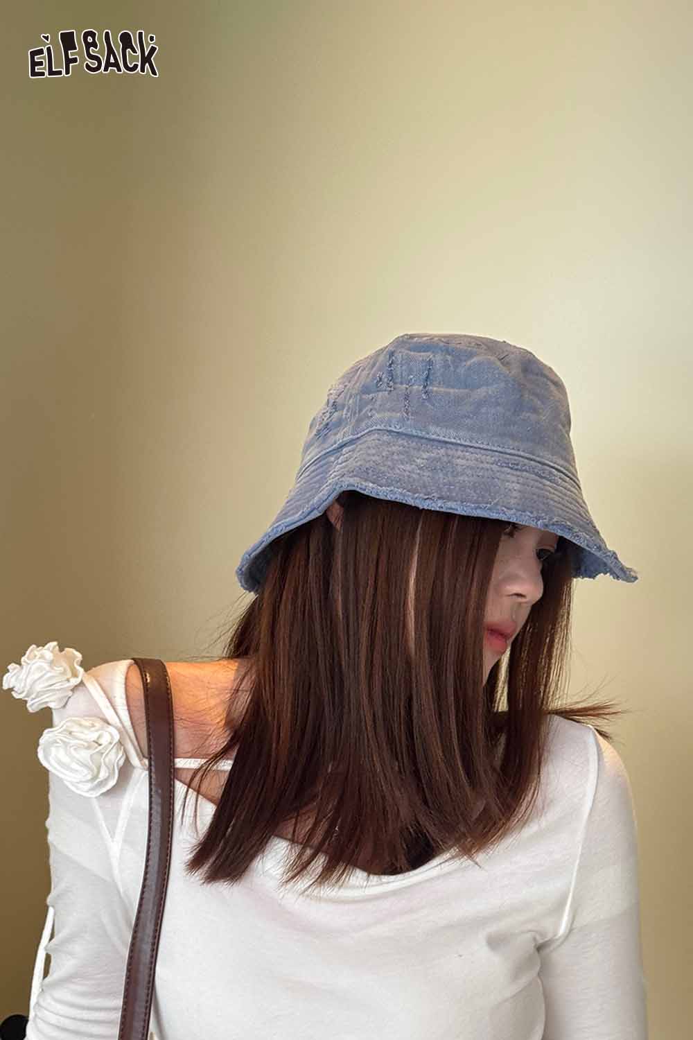 ELFSACK Vintage Denim Raw-Edge Sun Visor Fisherman Hat