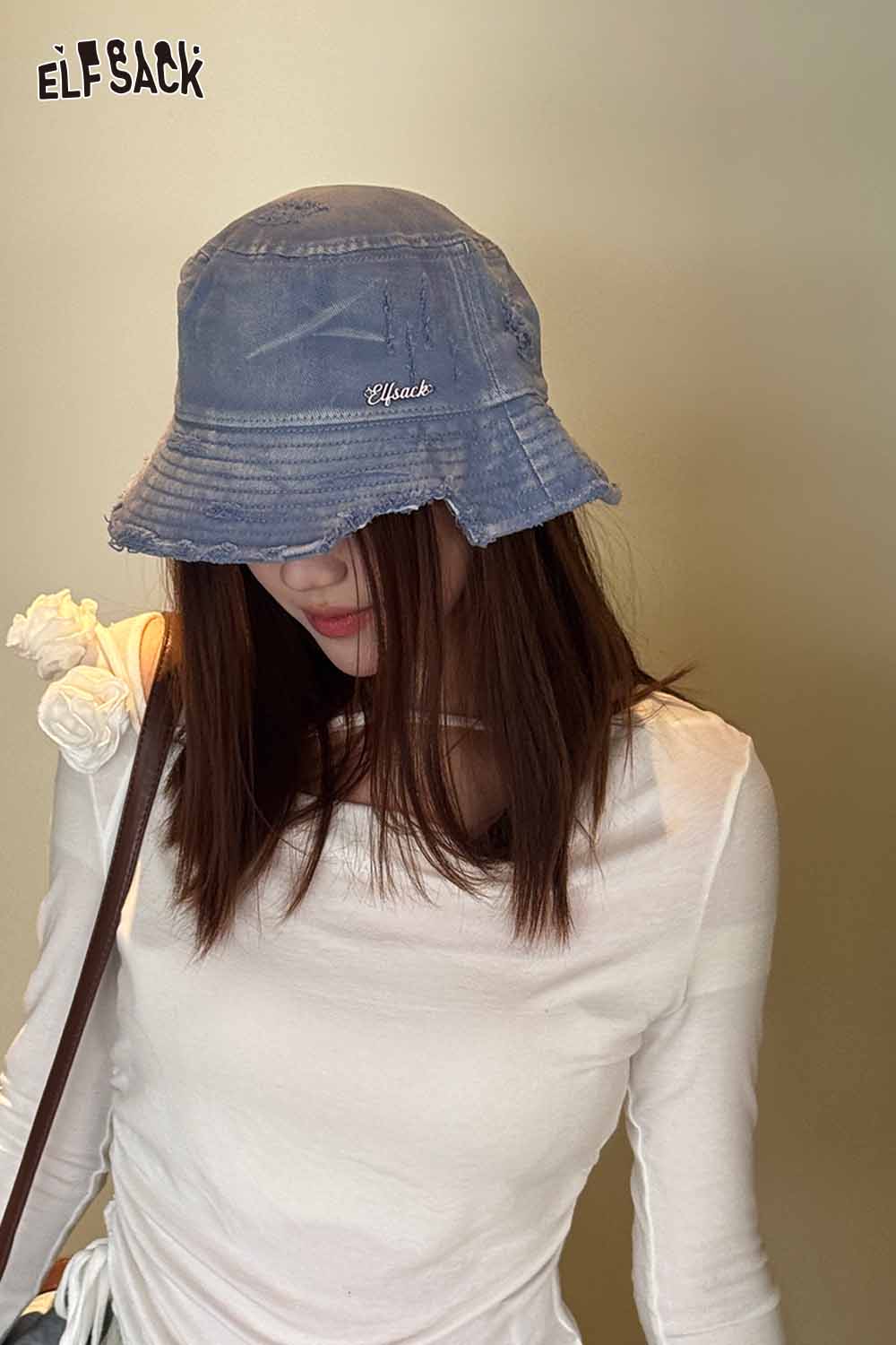 ELFSACK Vintage Denim Raw-Edge Sun Visor Fisherman Hat