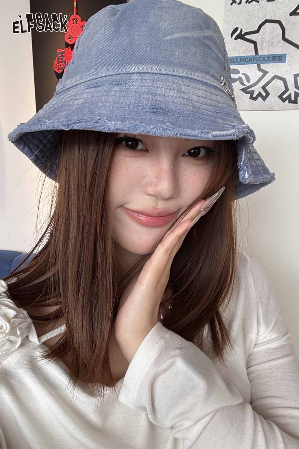 ELFSACK Vintage Denim Raw-Edge Sun Visor Fisherman Hat