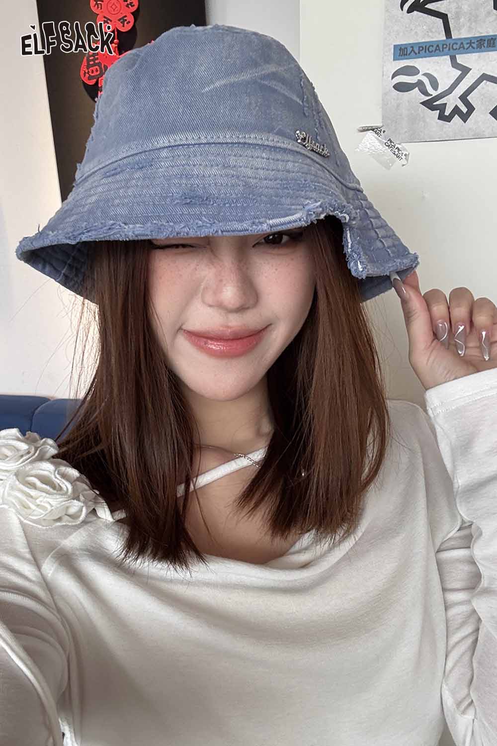 ELFSACK Vintage Denim Raw-Edge Sun Visor Fisherman Hat