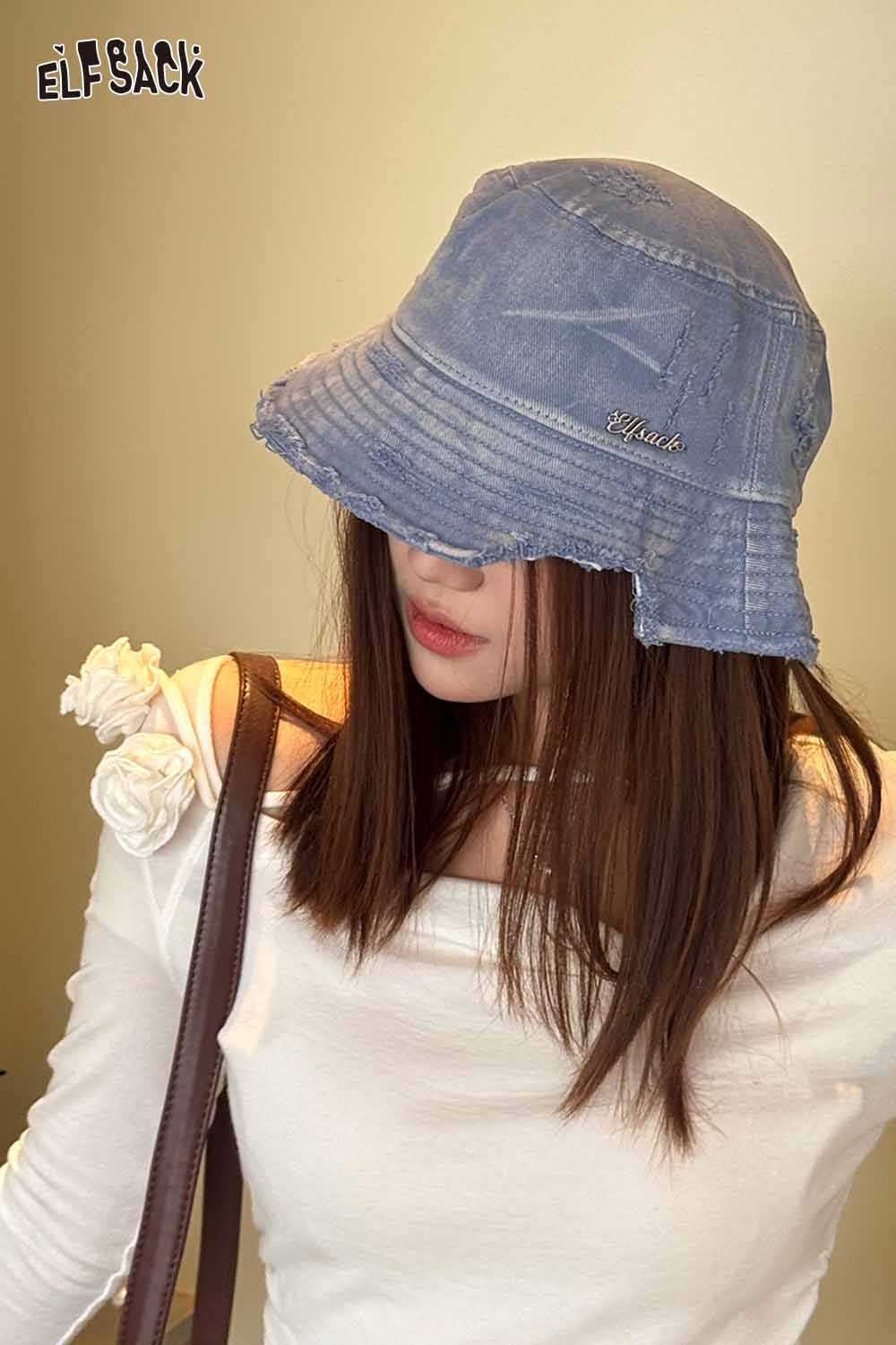 ELFSACK Vintage Denim Raw-Edge Sun Visor Fisherman Hat
