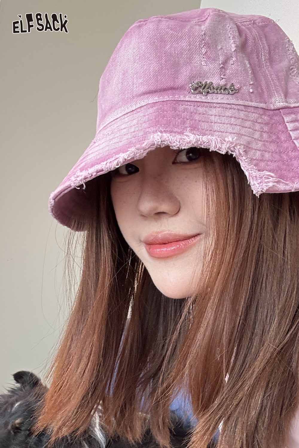 ELFSACK Vintage Denim Raw-Edge Sun Visor Fisherman Hat