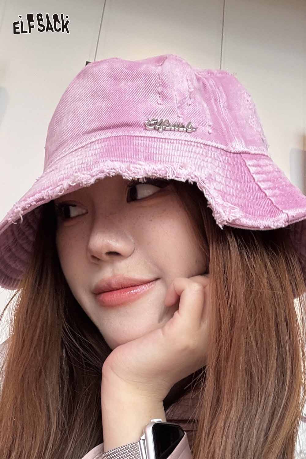 ELFSACK Vintage Denim Raw-Edge Sun Visor Fisherman Hat