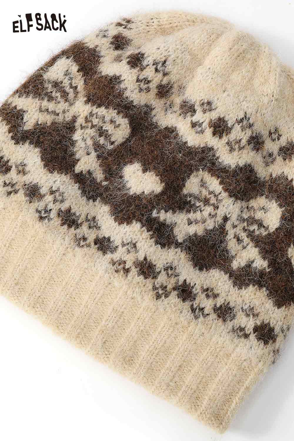 ELFSACK Vintage Fair Isle Bow Large Head Size Beanie Knit Hat