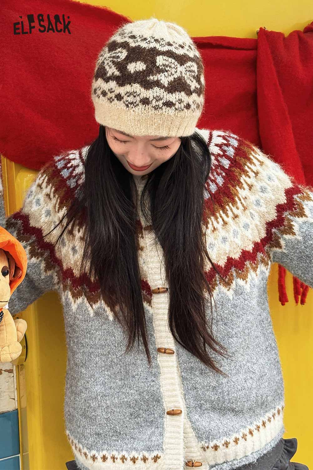 ELFSACK Vintage Fair Isle Bow Large Head Size Beanie Knit Hat