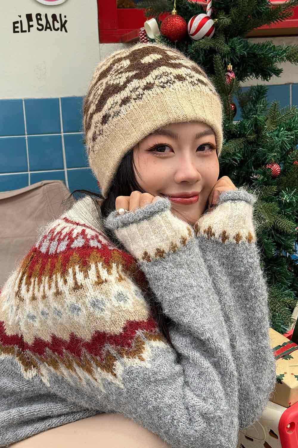 ELFSACK Vintage Fair Isle Bow Large Head Size Beanie Knit Hat