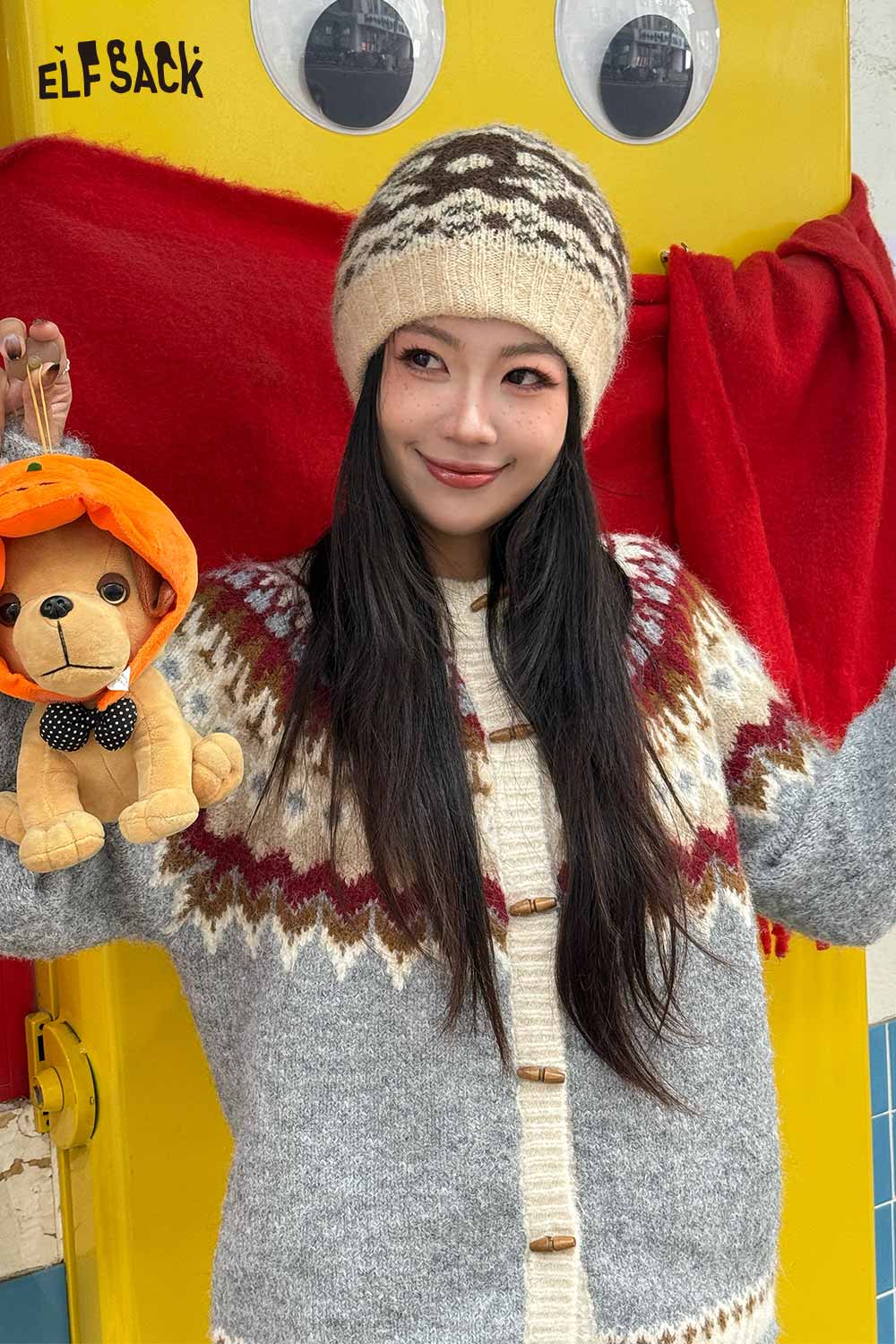 ELFSACK Vintage Fair Isle Bow Large Head Size Beanie Knit Hat