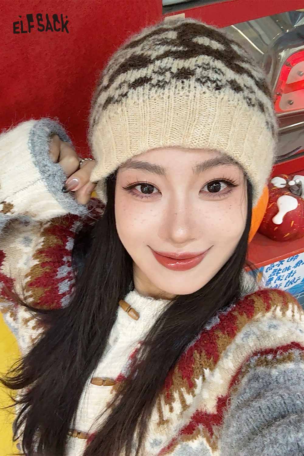 ELFSACK Vintage Fair Isle Bow Large Head Size Beanie Knit Hat