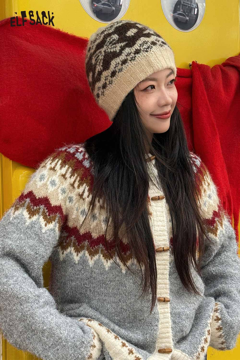 ELFSACK Vintage Fair Isle Bow Large Head Size Beanie Knit Hat