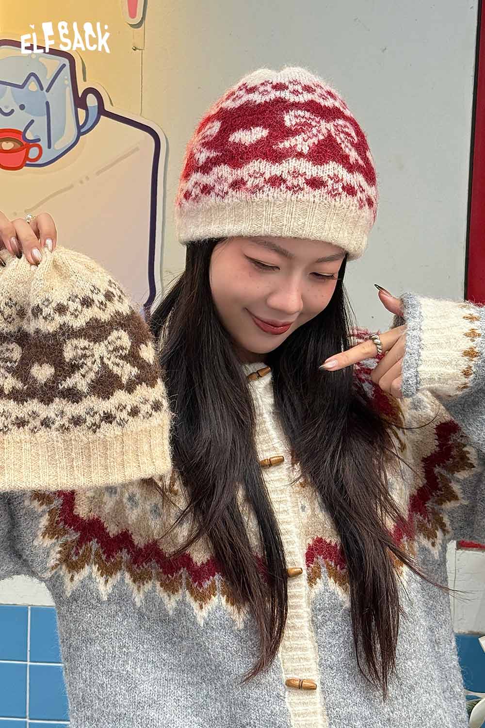ELFSACK Vintage Fair Isle Bow Large Head Size Beanie Knit Hat