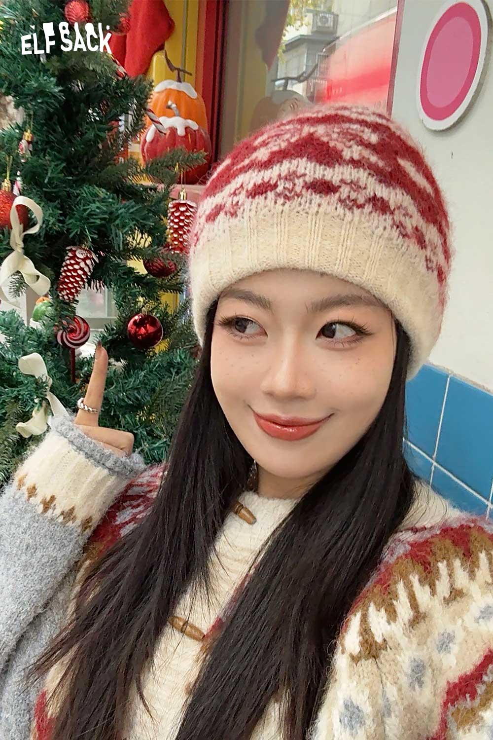 ELFSACK Vintage Fair Isle Bow Large Head Size Beanie Knit Hat