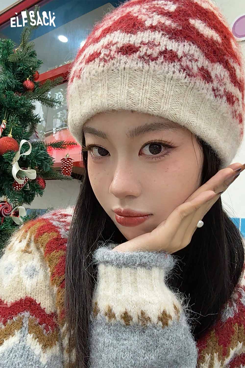 ELFSACK Vintage Fair Isle Bow Large Head Size Beanie Knit Hat
