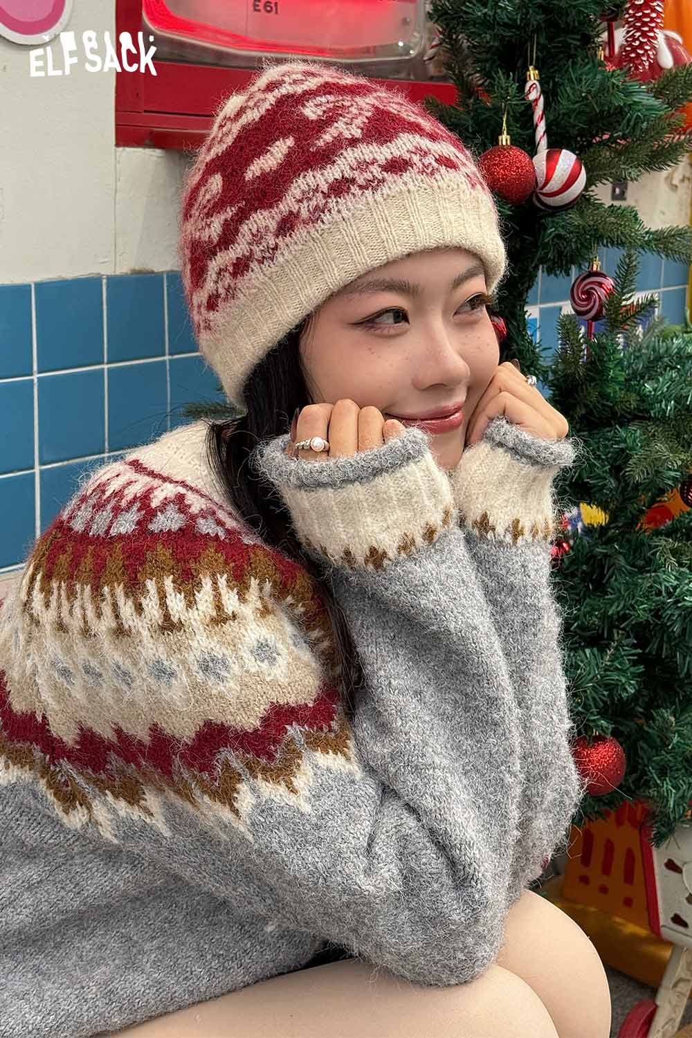 ELFSACK Vintage Fair Isle Bow Large Head Size Beanie Knit Hat