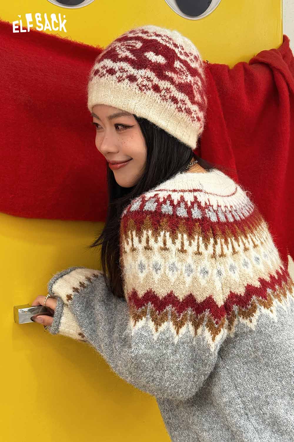 ELFSACK Vintage Fair Isle Bow Large Head Size Beanie Knit Hat