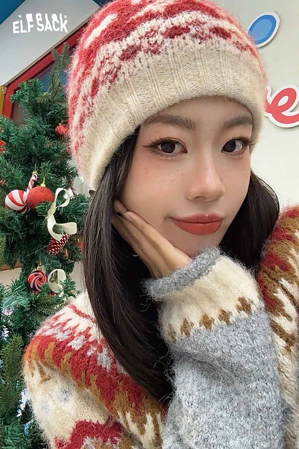 ELFSACK Vintage Fair Isle Bow Large Head Size Beanie Knit Hat