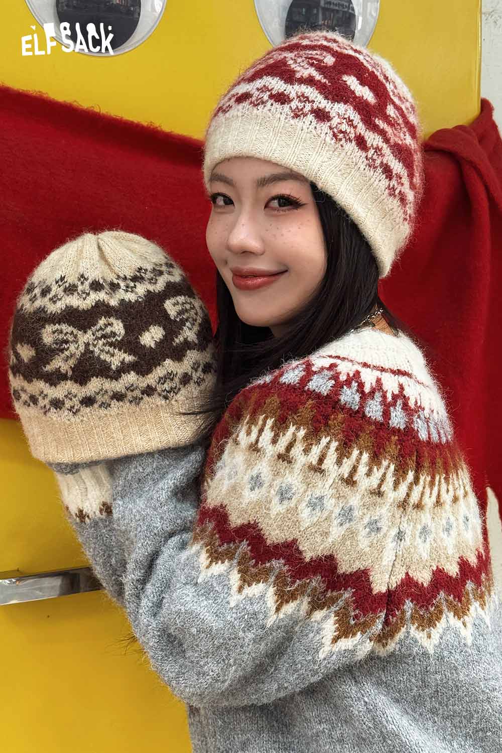 ELFSACK Vintage Fair Isle Bow Large Head Size Beanie Knit Hat