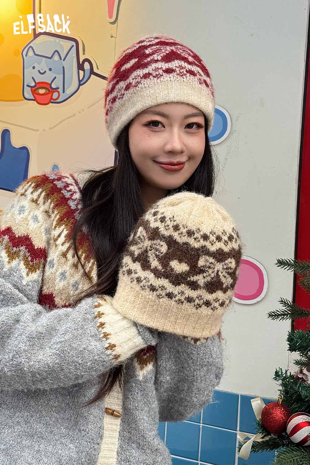 ELFSACK Vintage Fair Isle Bow Large Head Size Beanie Knit Hat