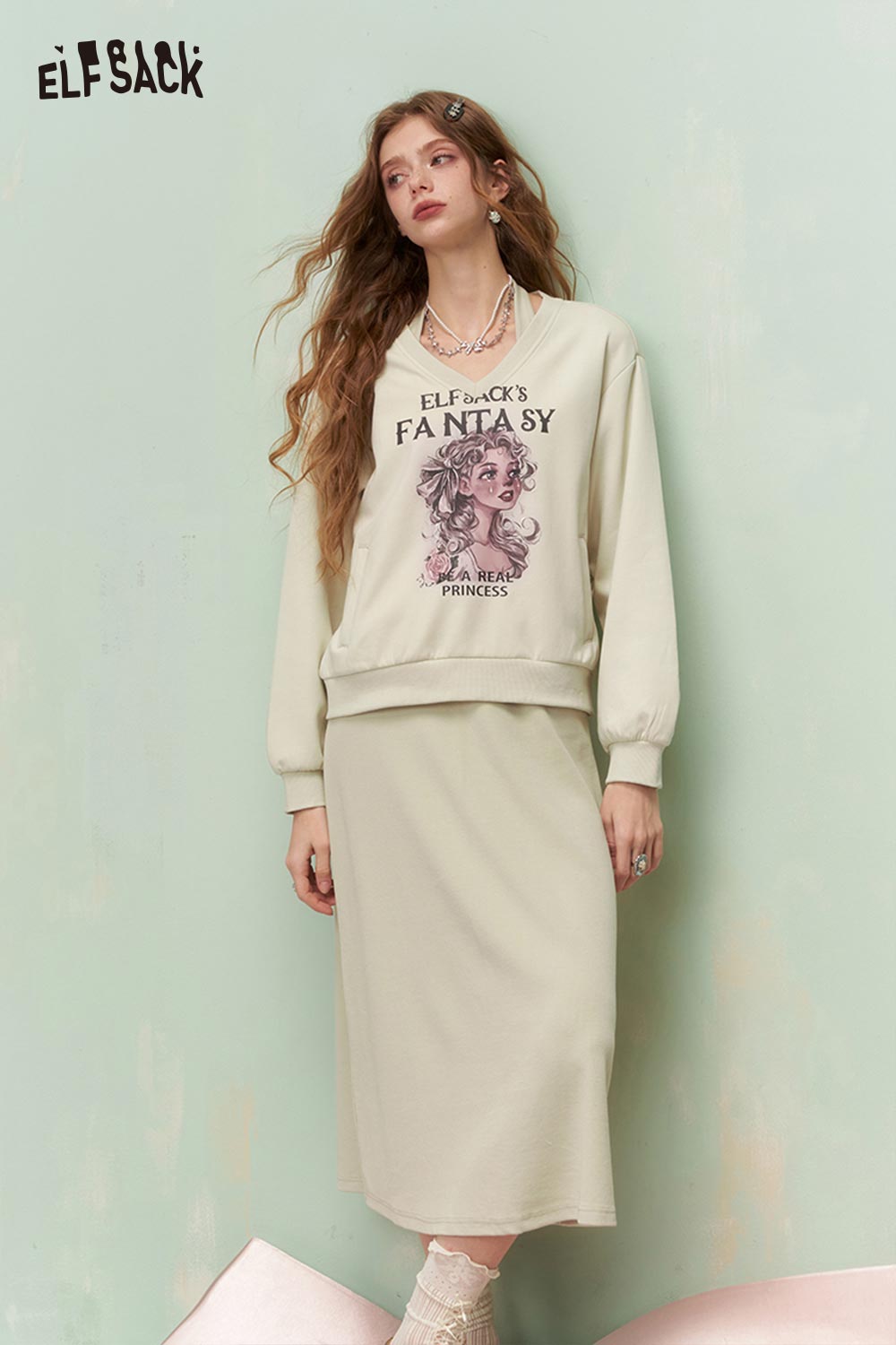 ELFSACK Vintage Floral Girl Print Sweatshirt Skirt Set