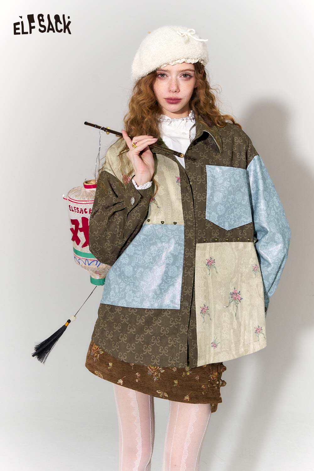 ELFSACK Vintage Collage Floral Jacquard Lapel Cropped Jacket