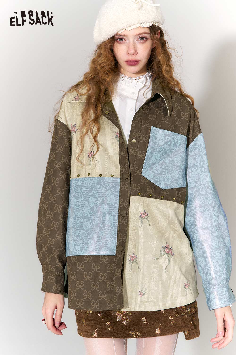 ELFSACK vintage floral jacquard cropped jacket with patchwork design and stylish oversized fit