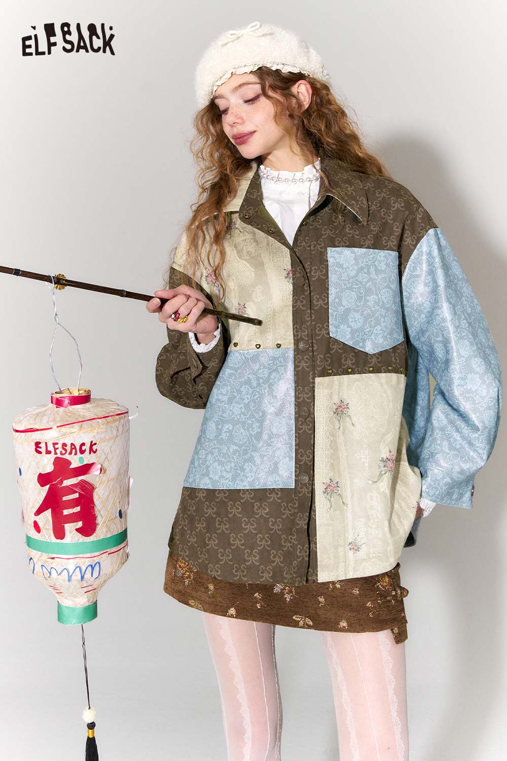 ELFSACK Vintage Collage Floral Jacquard Lapel Cropped Jacket