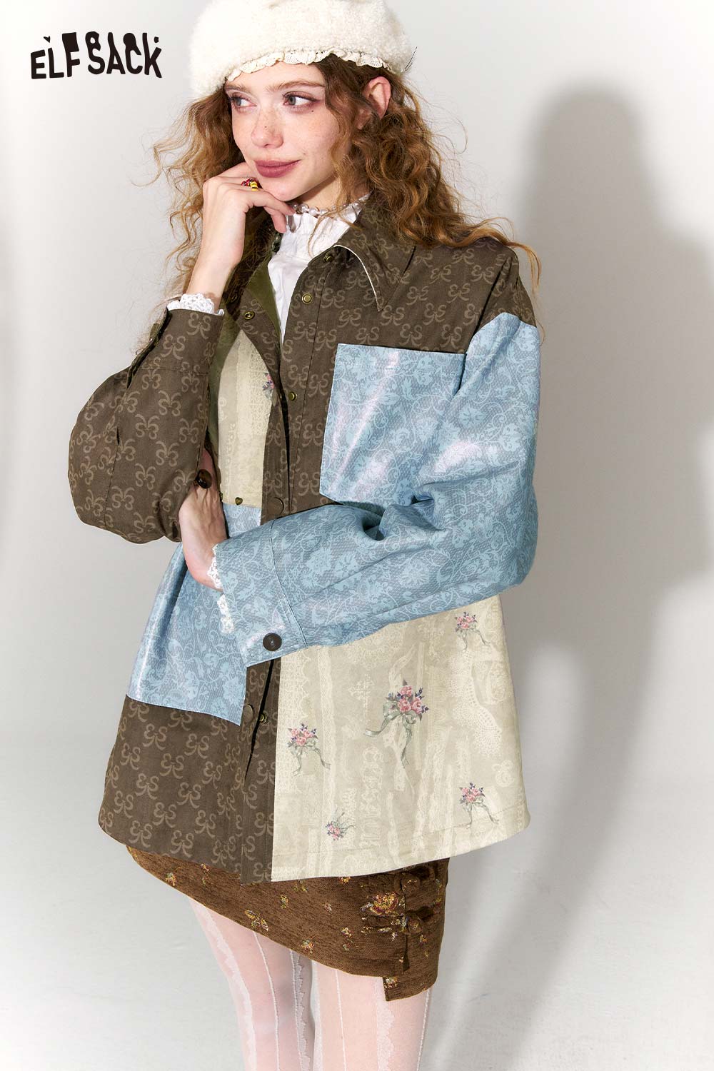ELFSACK Vintage Collage Floral Jacquard Lapel Cropped Jacket