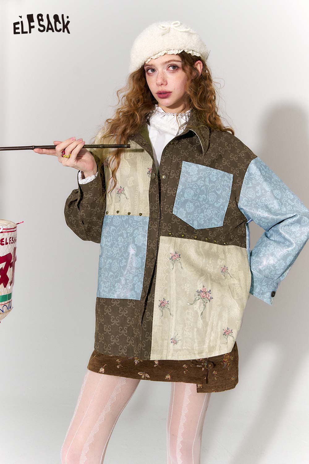 ELFSACK Vintage Collage Floral Jacquard Lapel Cropped Jacket