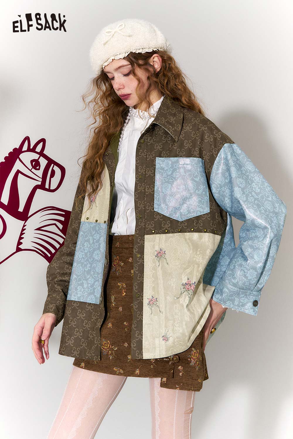 ELFSACK Vintage Collage Floral Jacquard Lapel Cropped Jacket
