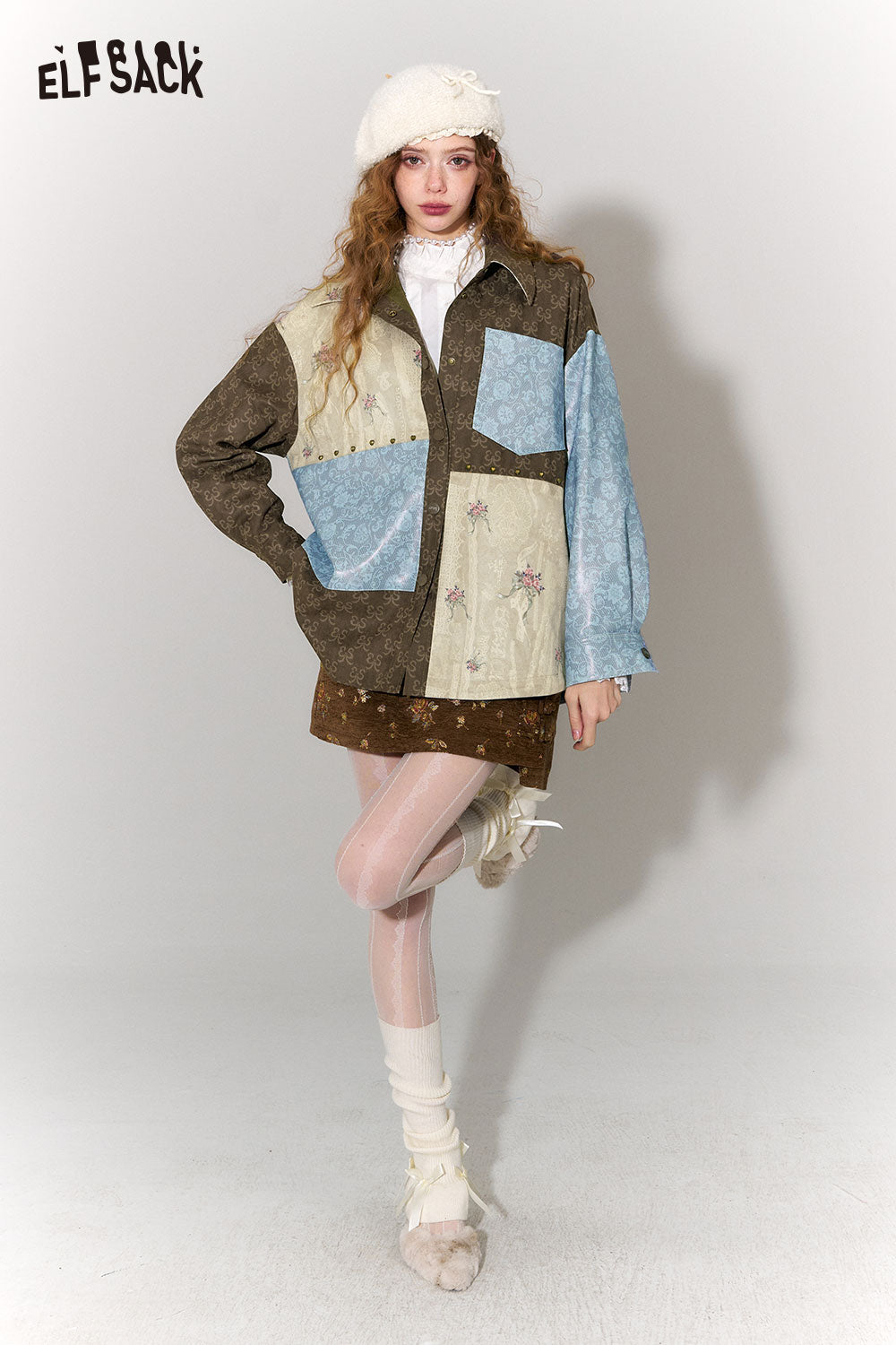 ELFSACK vintage floral jacquard cropped jacket with a unique patchwork design and relaxed fit