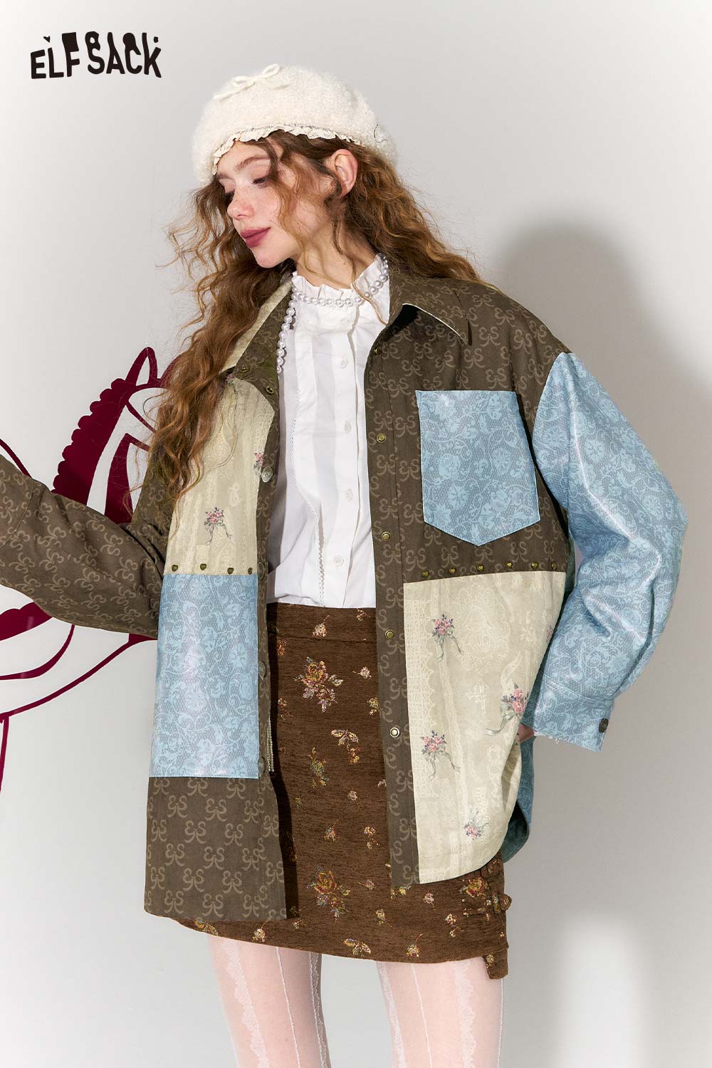 ELFSACK Vintage Collage Floral Jacquard Lapel Cropped Jacket