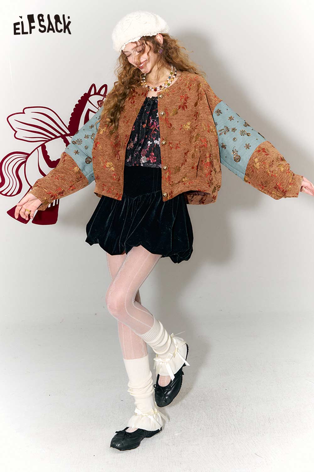 ELFSACK Vintage Floral Jacquard Contrast Sleeve Round Neck Short Jacket
