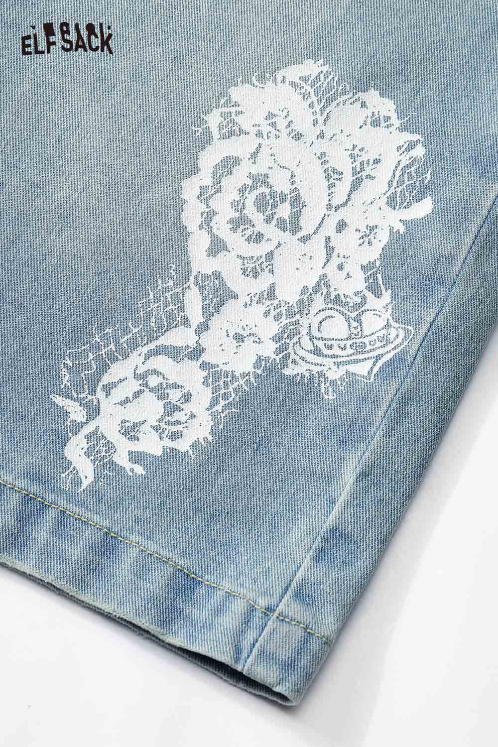 ELFSACK Vintage Floral Print Denim Bermuda Shorts