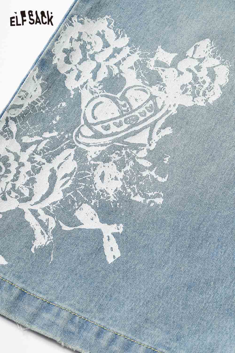 ELFSACK Vintage Floral Print Denim Bermuda Shorts