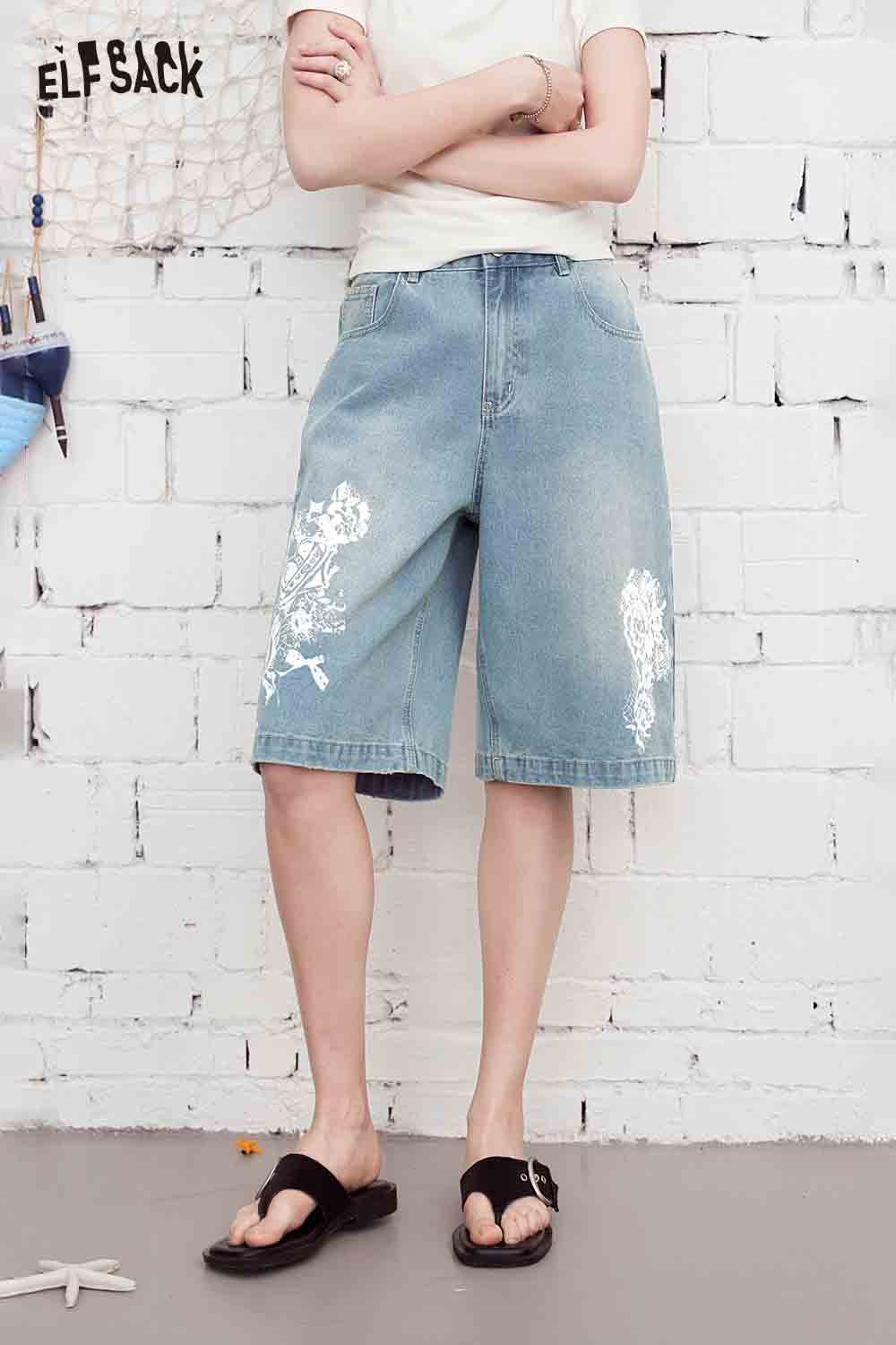 ELFSACK Vintage Floral Print Denim Bermuda Shorts