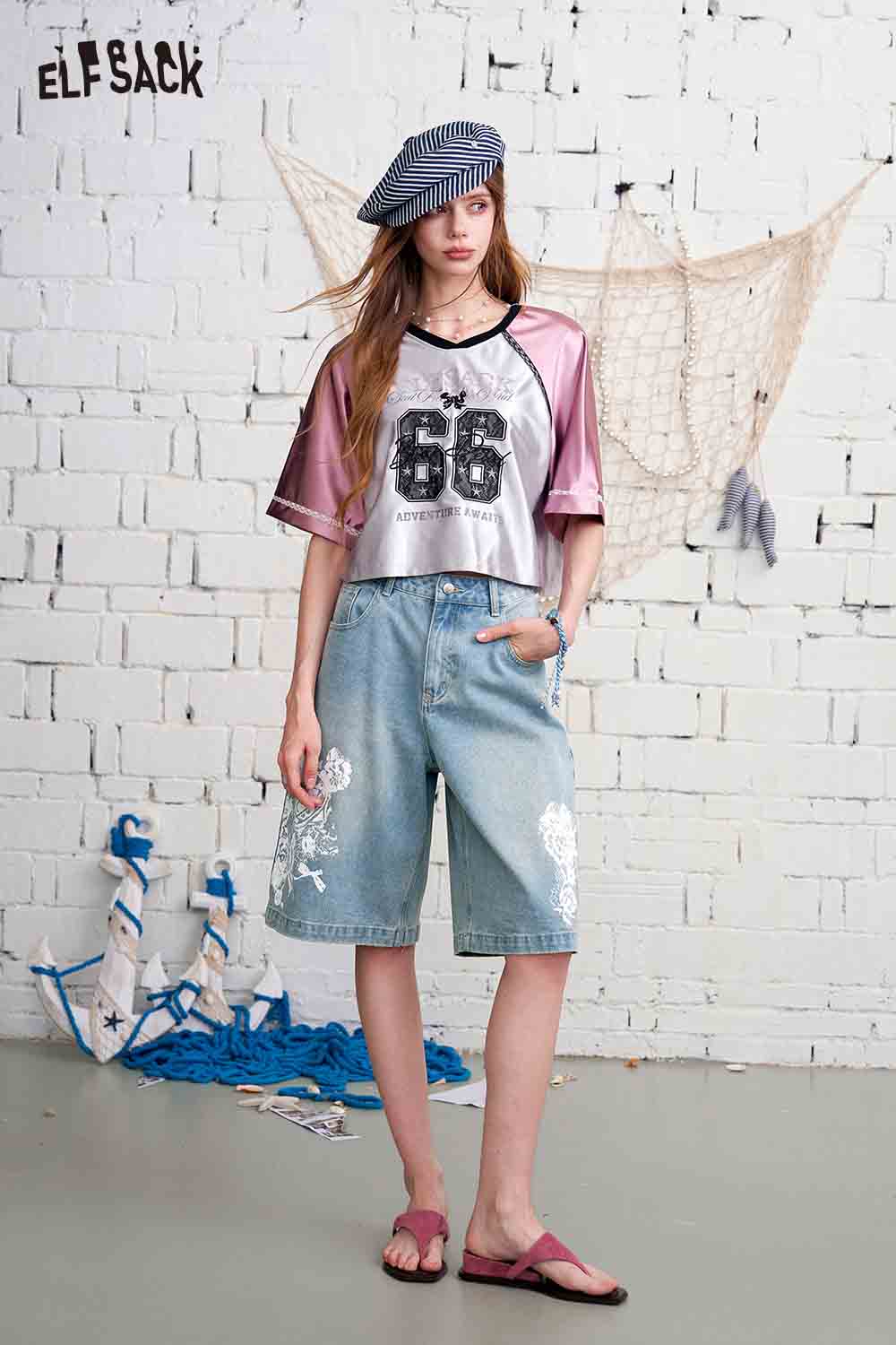 ELFSACK Vintage Floral Print Denim Bermuda Shorts