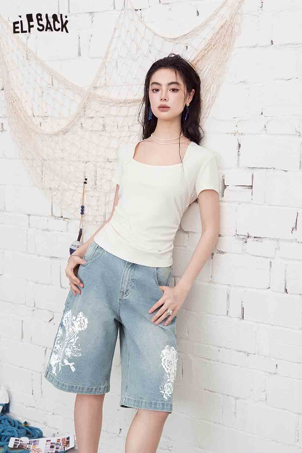 ELFSACK Vintage Floral Print Denim Bermuda Shorts