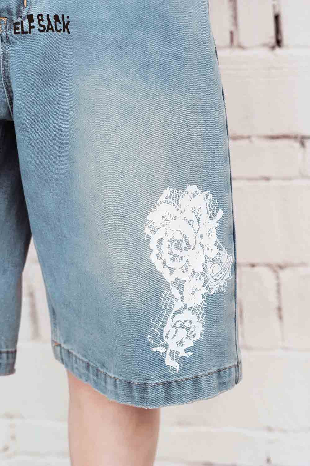 ELFSACK Vintage Floral Print Denim Bermuda Shorts